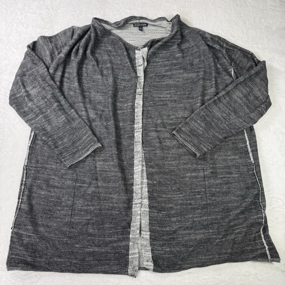 Eileen Fisher Cascading Cardigan Womens Large Charcoal Open Front 100% Organic